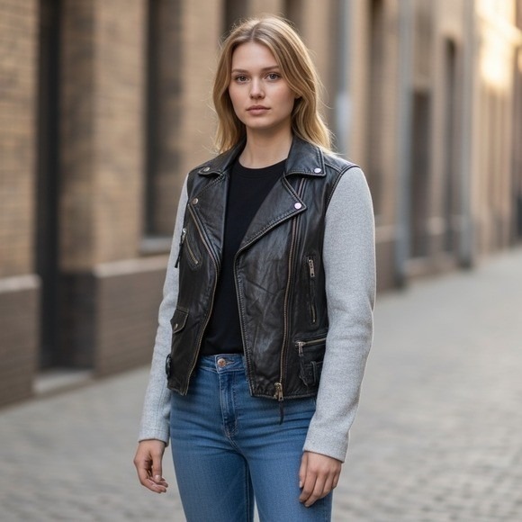 All Saints Albany Moto Jacket Black Leather Gray Sleeves Biker Grunge Size 4 NEW - Picture 3 of 14